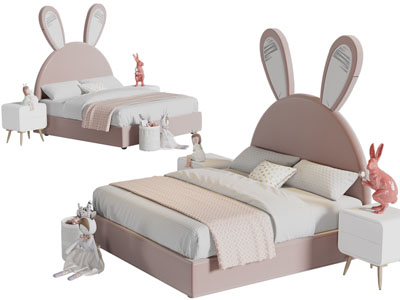 现代粉色布艺儿童双人床