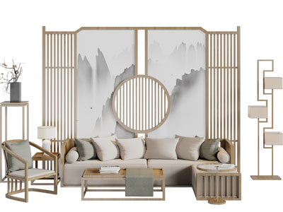 新中式实木多人沙发茶几组合