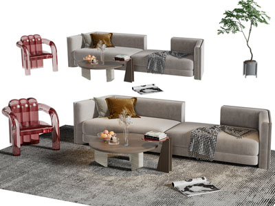 现代布艺多人沙发透明椅子茶几组合