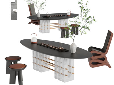 侘寂风椭圆形茶桌椅凳组合