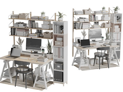 现代电脑桌椅组合、书架