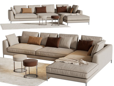 现代转角多人沙发、坐墩3d模型 现代转角多人沙发、坐墩