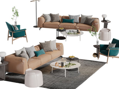 现代多人沙发、休闲椅子、茶几组合