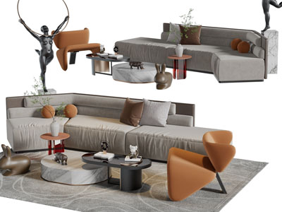 侘寂风多人沙发、休闲椅子和茶几组合