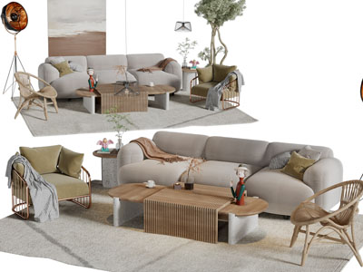 侘寂风多人、单人沙发、休闲椅子和茶几组合