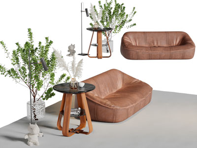 现代轻奢多人沙发、边几3d模型 现代轻奢多人沙发、边几