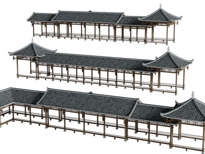 中式加长亭台楼阁连廊