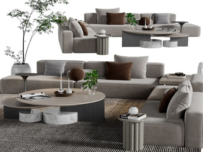 现代布艺转角多人沙发茶几组合