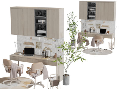 北欧带书柜的双人书桌椅组合