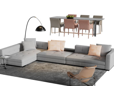 现代布艺转角多人沙发休闲椅子餐桌椅组合