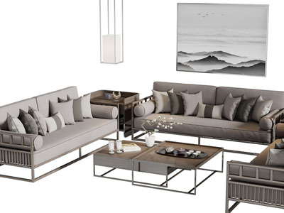 新中式实木边框的多人双人沙发茶几组合