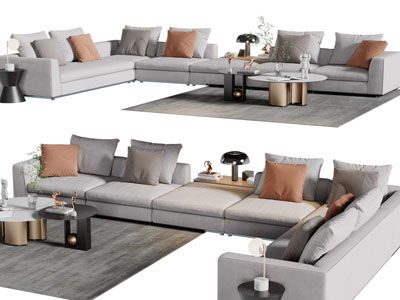 现代布艺转角多人沙发茶几组合
