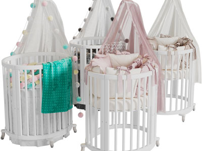 现在带床帏圆形婴儿床