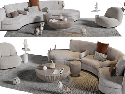 现代弧形多人单人沙发茶几组合