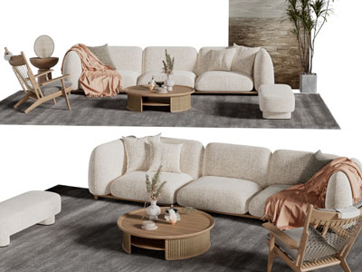 侘寂风布艺多人沙发茶几组合