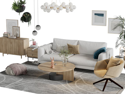 北欧布艺双人沙发休闲椅子茶几边柜组合