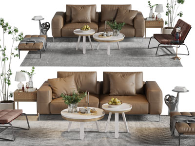 现代皮质双人沙发休闲椅子茶几组合