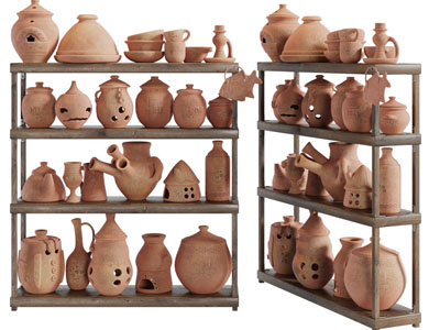 现代实木架子上的陶艺器皿