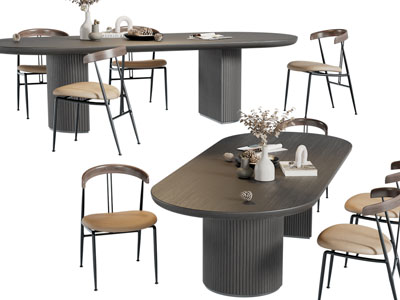 现代黑色椭圆形餐桌椅组合