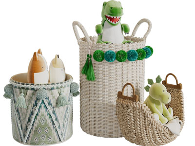 北欧收纳筐里的卡通玩偶玩具