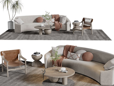 侘寂风多人沙发休闲椅子茶几组合