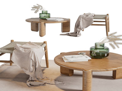 侘寂风茶几休闲凳子3d模型 侘寂风茶几休闲凳子