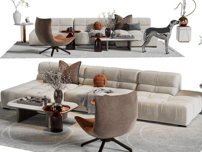 现代转角无扶手多人沙发休闲椅子茶几组合