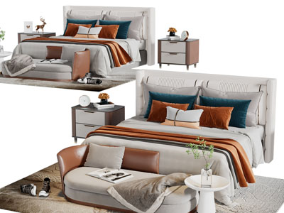 现代布艺双人床贵妃椅