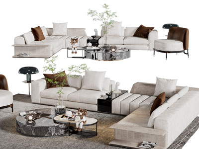 现代布艺转角多人沙发茶几组合