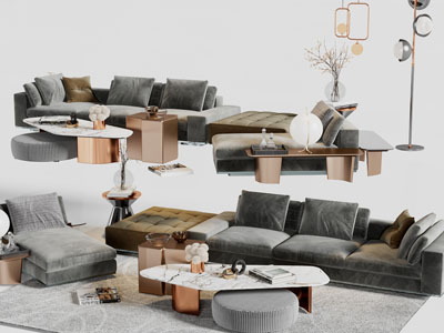 现代布艺多人沙发贵妃椅茶几组合