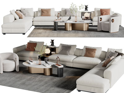 现代转角多人单人沙发茶几组合