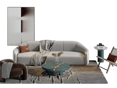 侘寂风多人沙发、休闲椅子、茶几组合