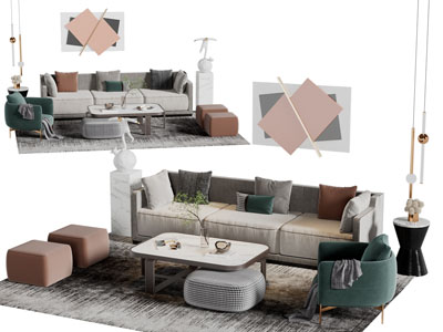 现代布艺多人沙发茶几组合