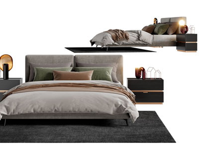 侘寂风布艺双人床、床头柜