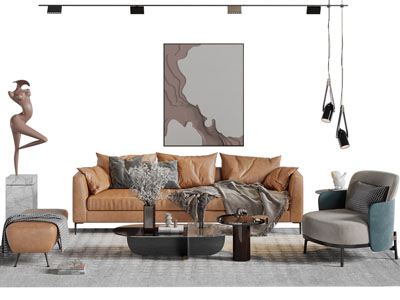 现代皮质多人沙发茶几沙发凳组合