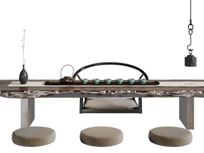 新中式实木茶桌、坐垫