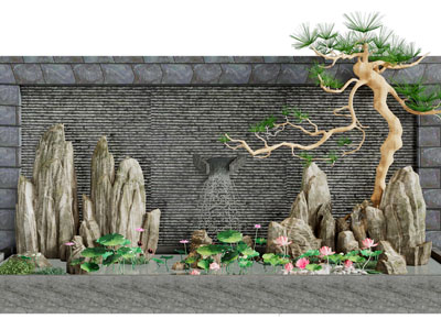 新中式松树假山荷花景观园艺小品