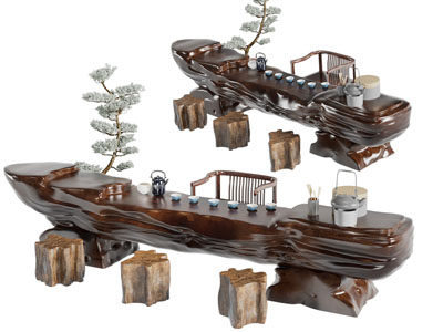 中式原木雕刻茶桌椅组合