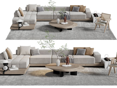 侘寂风转角多人沙发、休闲椅子、茶几组合