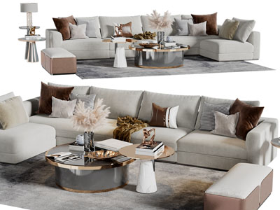 现代布艺转角多人沙发、沙发凳、茶几组合