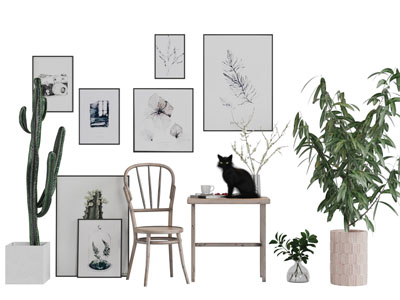 北欧藤编休闲椅子、边几和装饰挂画