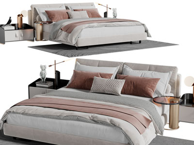 现代布艺双人床、床头柜