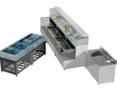 现代生鲜鱼虾水池展柜、洗菜盆
