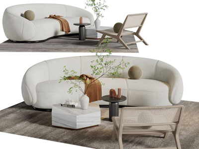 侘寂风多人沙发、休闲椅子、茶几组合