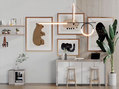 北欧书桌、凳子、盆栽植物和挂画