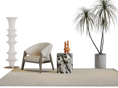 侘寂风休闲单人沙发、边几和盆栽3d模型 侘寂风休闲单人沙发、边几和盆栽