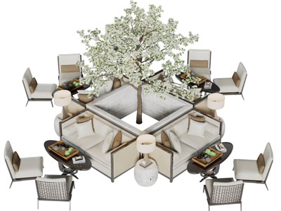 现代户外花坛沙发、休闲椅子和茶几