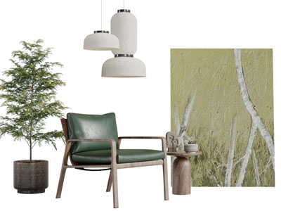 侘寂风休闲椅子、边几、吊灯和装饰画