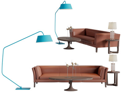 后现代橙色真皮多人沙发、茶几和落地灯