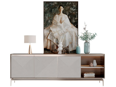 侘寂风电视柜、装饰挂画和台灯